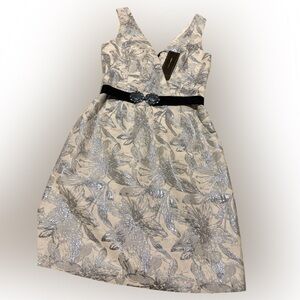 BCBG Maxazria Mina Blue White jacquard Mini Dress with Belt and pockets size 0